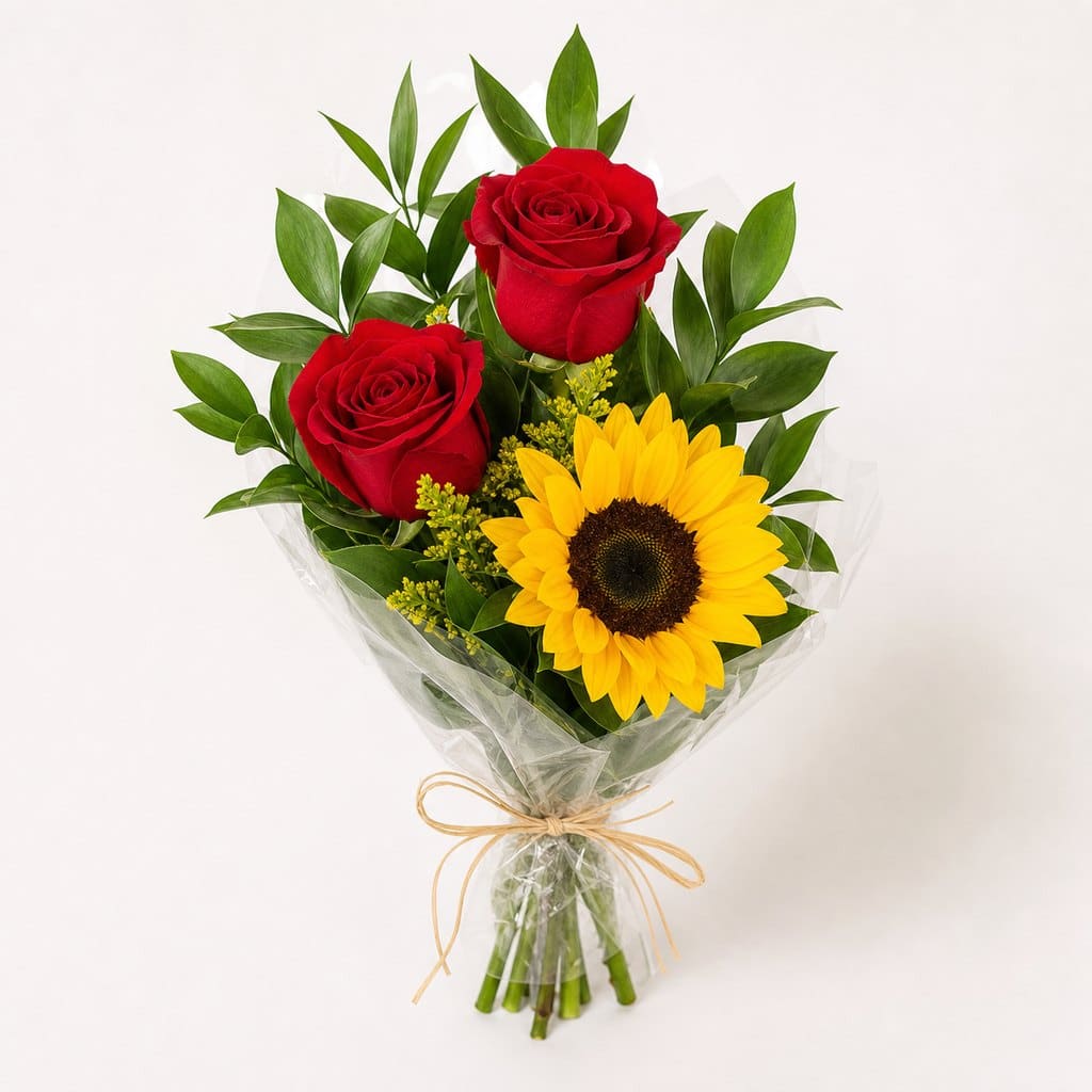 Mini Buquê 2 Rosas Vermelhas e 1 Girassol